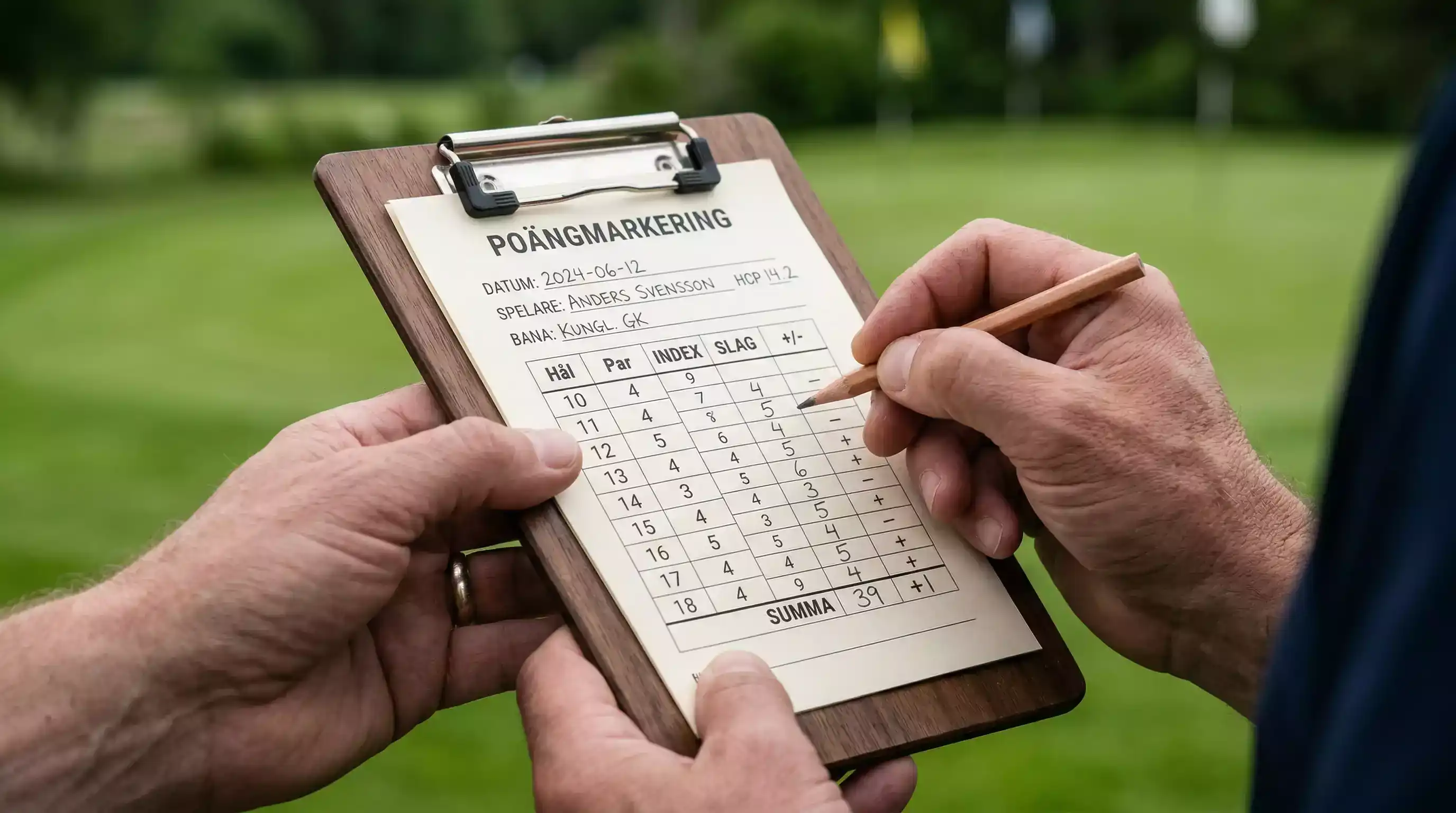 Golfare markerar dots-poang pa scorekort under rond