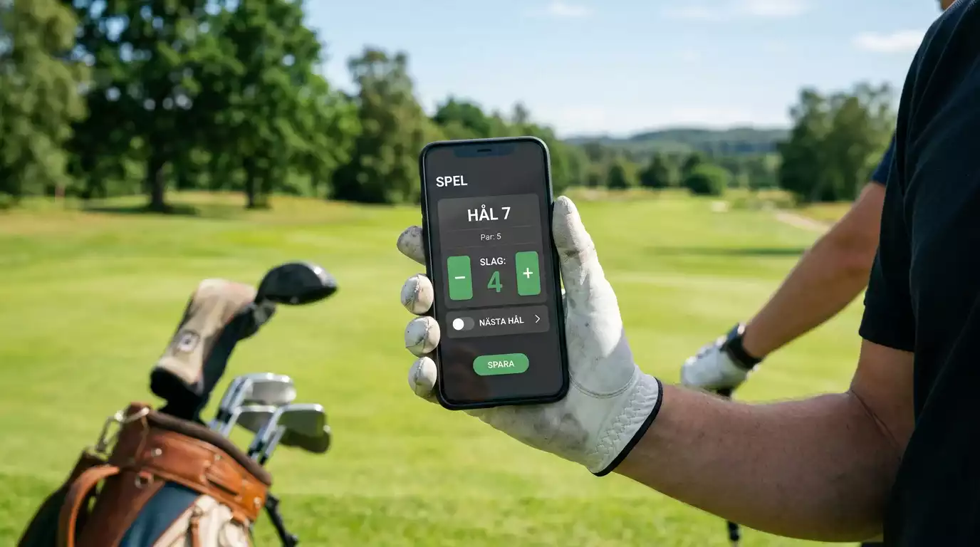 Smartphone med golf-app på banan visar scoring