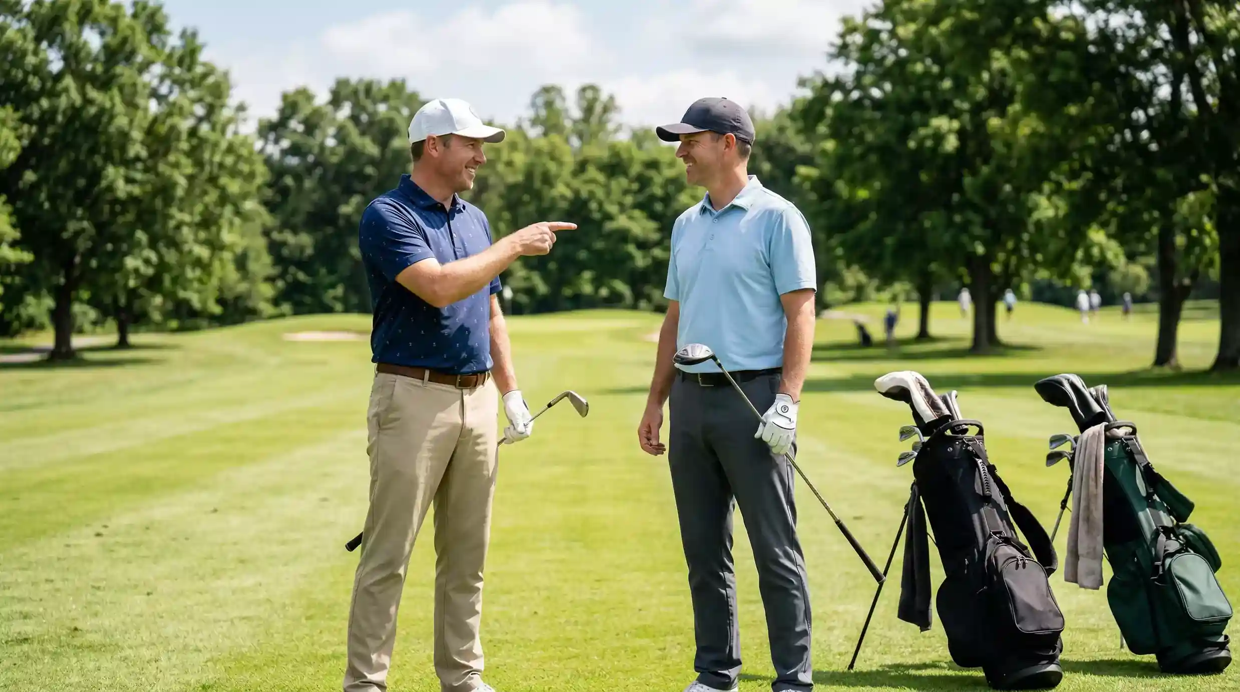 Golfare ropar hammer pa fairway under vadslagning